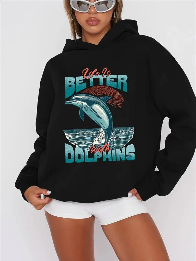 Dolphin Print Hoodie, Casual Long Sleeve Hoodies Sweatshirt, Women's Clothing