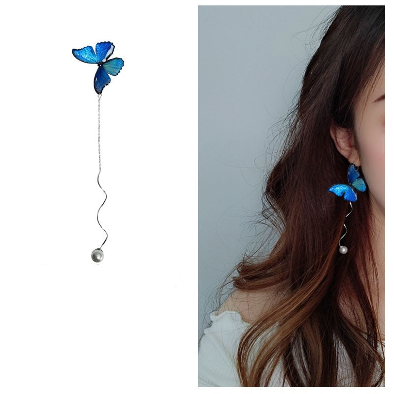 Blue Butterfly Ear Thread S925 Sterling Silver Long Pearl