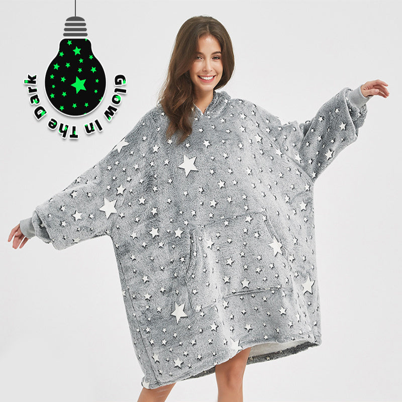 Winter Plush Hoodies Blanket Home Clothes With Stares Moon Luminous Design Oversized Pockets Pullover Nightgown Lazy Warm Homewear Pajamas