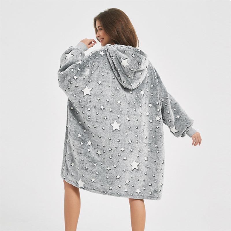 Winter Plush Hoodies Blanket Home Clothes With Stares Moon Luminous Design Oversized Pockets Pullover Nightgown Lazy Warm Homewear Pajamas