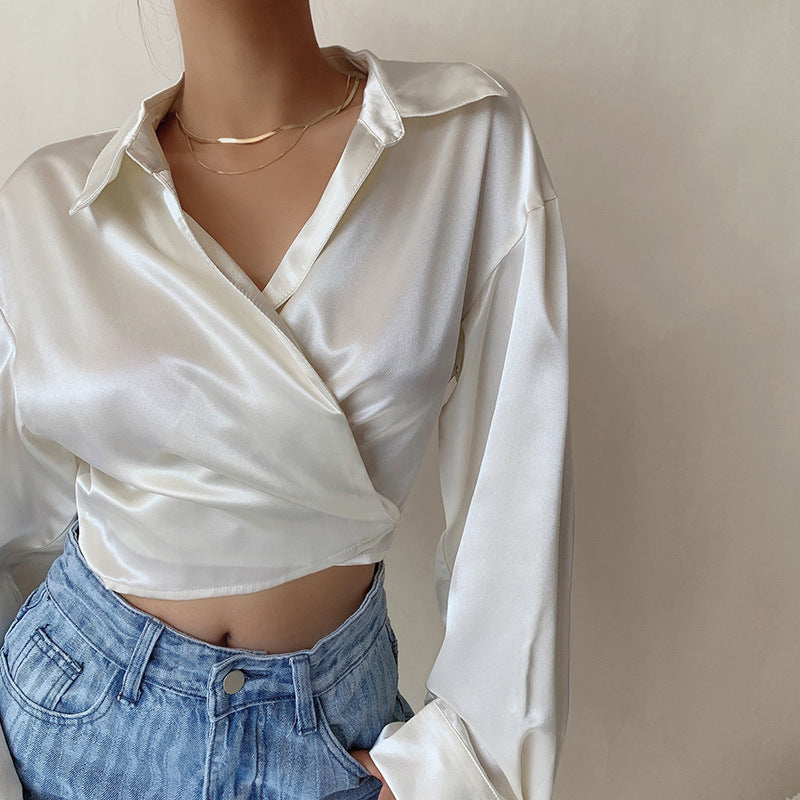 Liviahome Glossy Satin Bandage Shirt Women''s Summer Thin