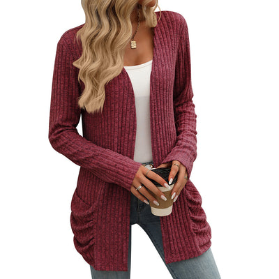 Solid Color Rib Fabric Brushed Pocket Cardigan Long Sleeve Coat