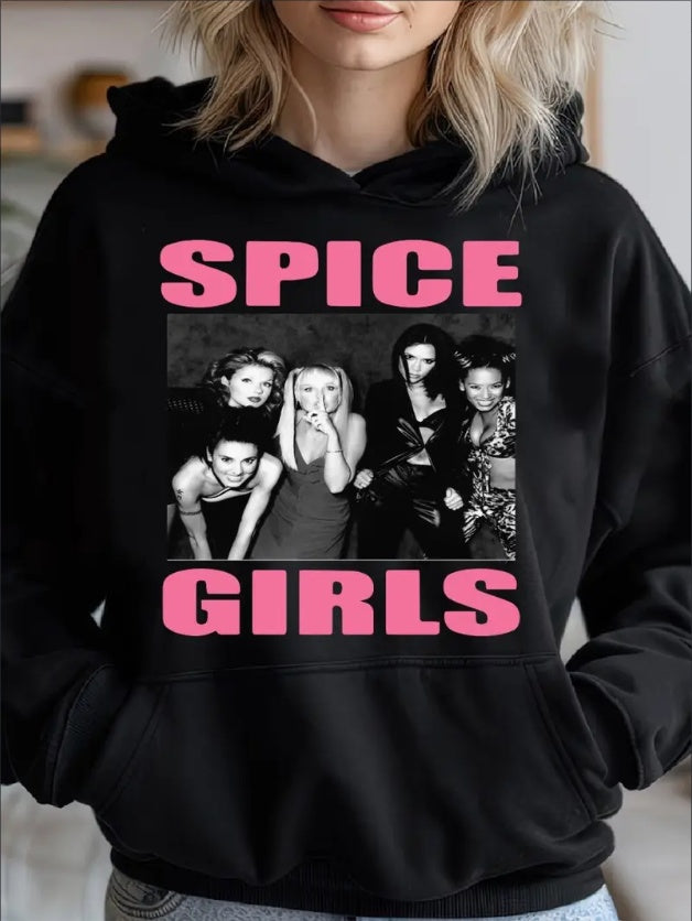 Spice Girls Graphic, 90s Music Cozy Classic Print Pullover Hoodie, Casual Long Sleeve Hoodie For Sprots