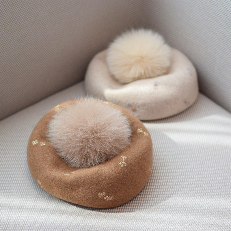 Women's Autumn And Winter Fox Fur Ball Vintage Wool Hat