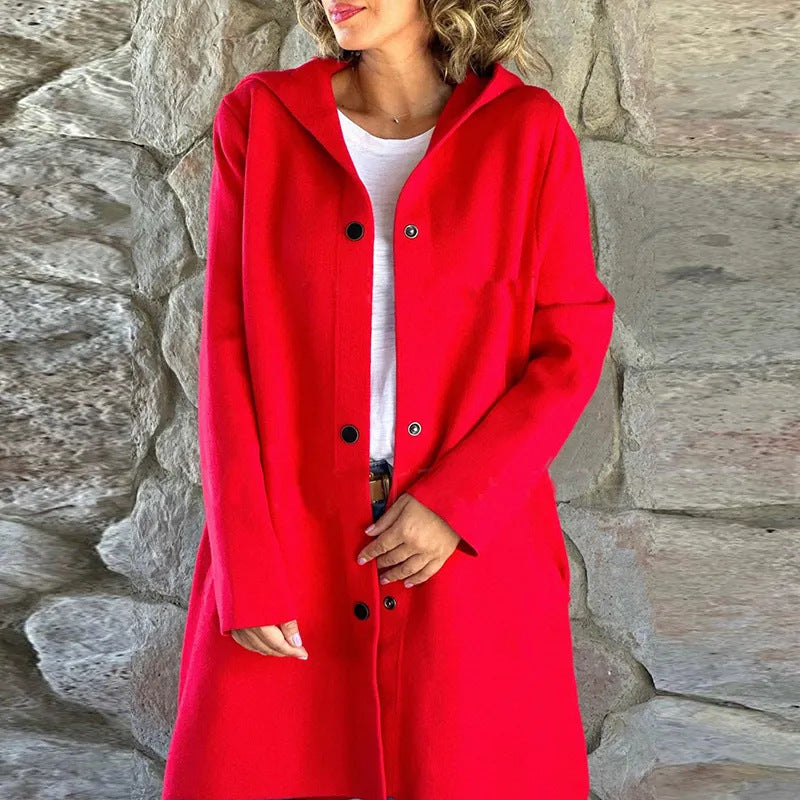 Autumn And Winter New Hooded Long Sleeve Solid Color Woolen Coat