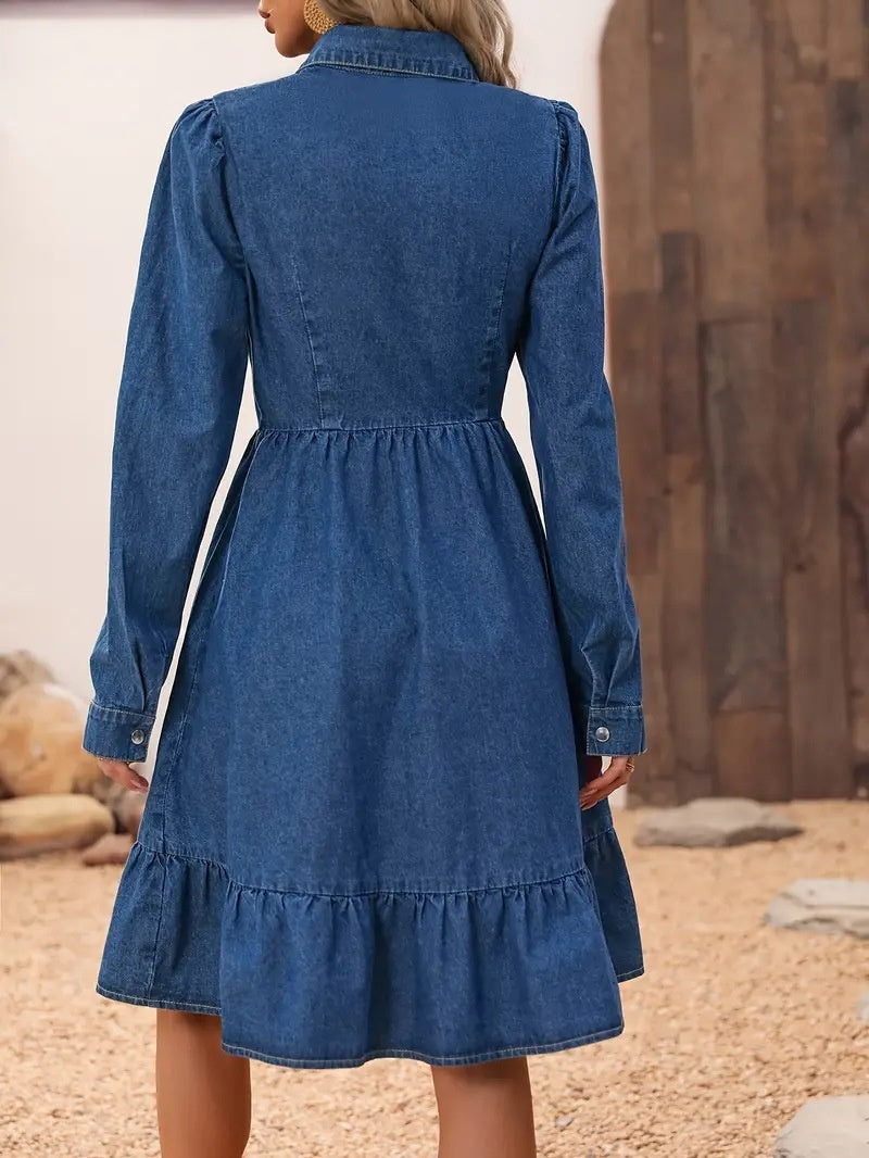 European And American Lapel Long Sleeve Stitching Casual Dress