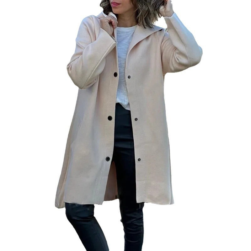 Autumn And Winter New Hooded Long Sleeve Solid Color Woolen Coat