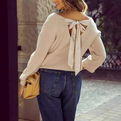 Women's Solid Color Sweater Long Sleeve Casual Loose Bow Top