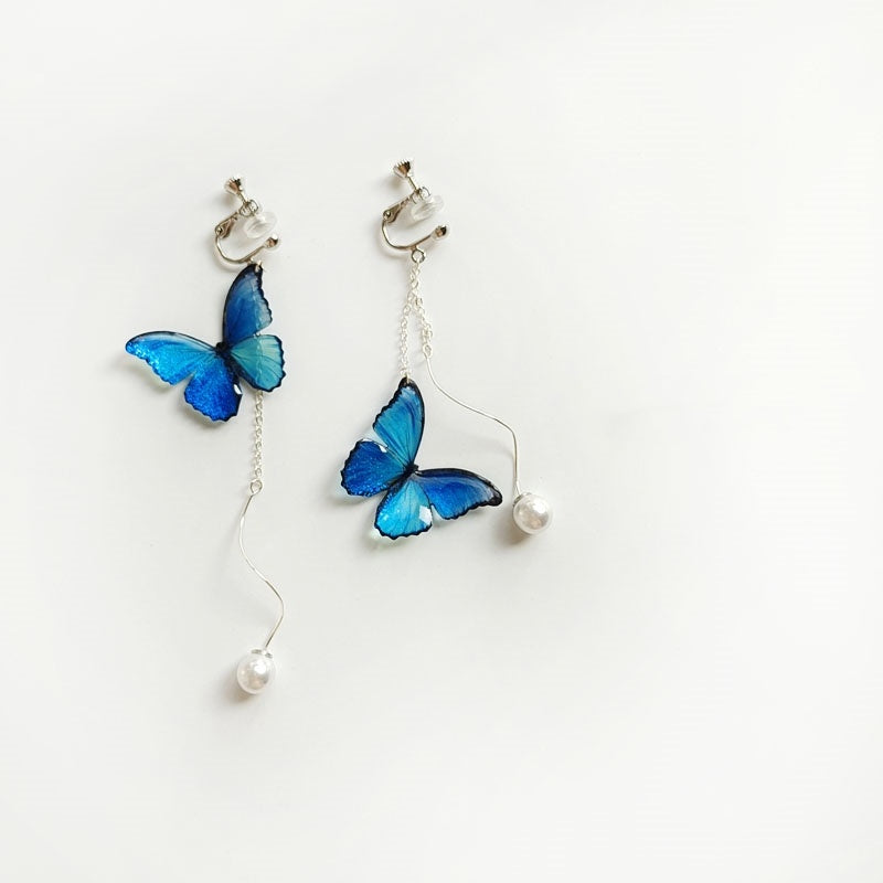 Blue Butterfly Ear Thread S925 Sterling Silver Long Pearl