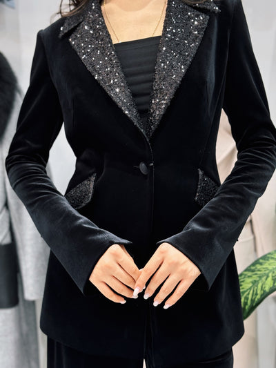 Velvet Patchwork Sequined Blazer & High-waisted Pants Suit