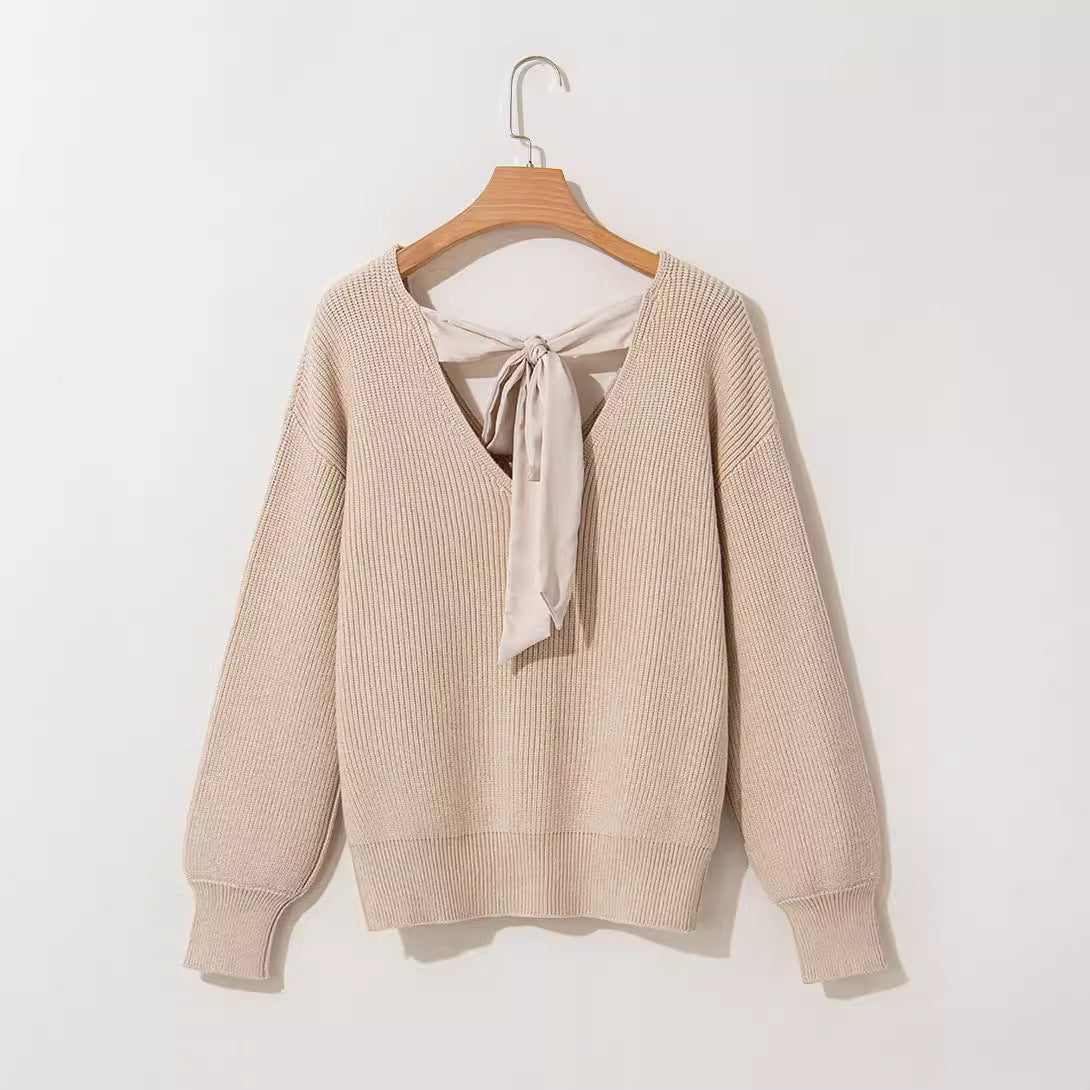 Women's Solid Color Sweater Long Sleeve Casual Loose Bow Top