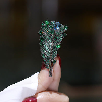 Antique Style Green Crystal Feather Brooch