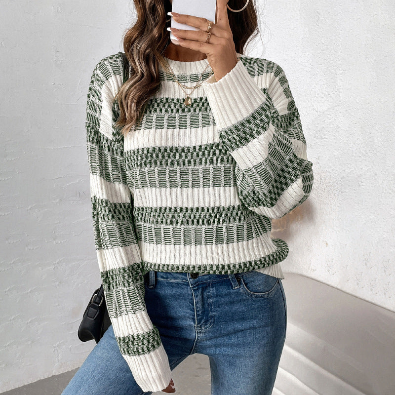 Autumn And Winter New Casual Striped Contrast Color Sweater