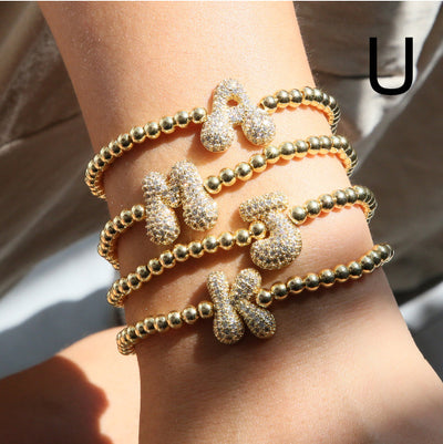 Fashion Jewelry 18K Balloon Bubble Zircon Letter Beaded Copper Bead Elastic String Bracelet