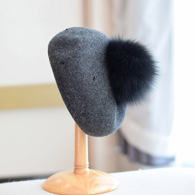 Women's Autumn And Winter Fox Fur Ball Vintage Wool Hat