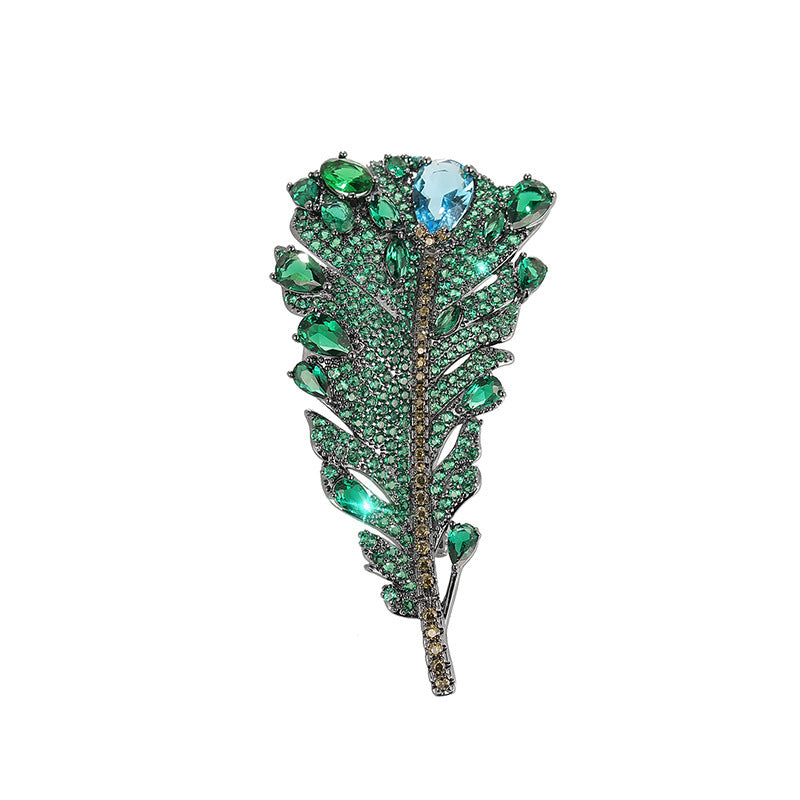 Antique Style Green Crystal Feather Brooch