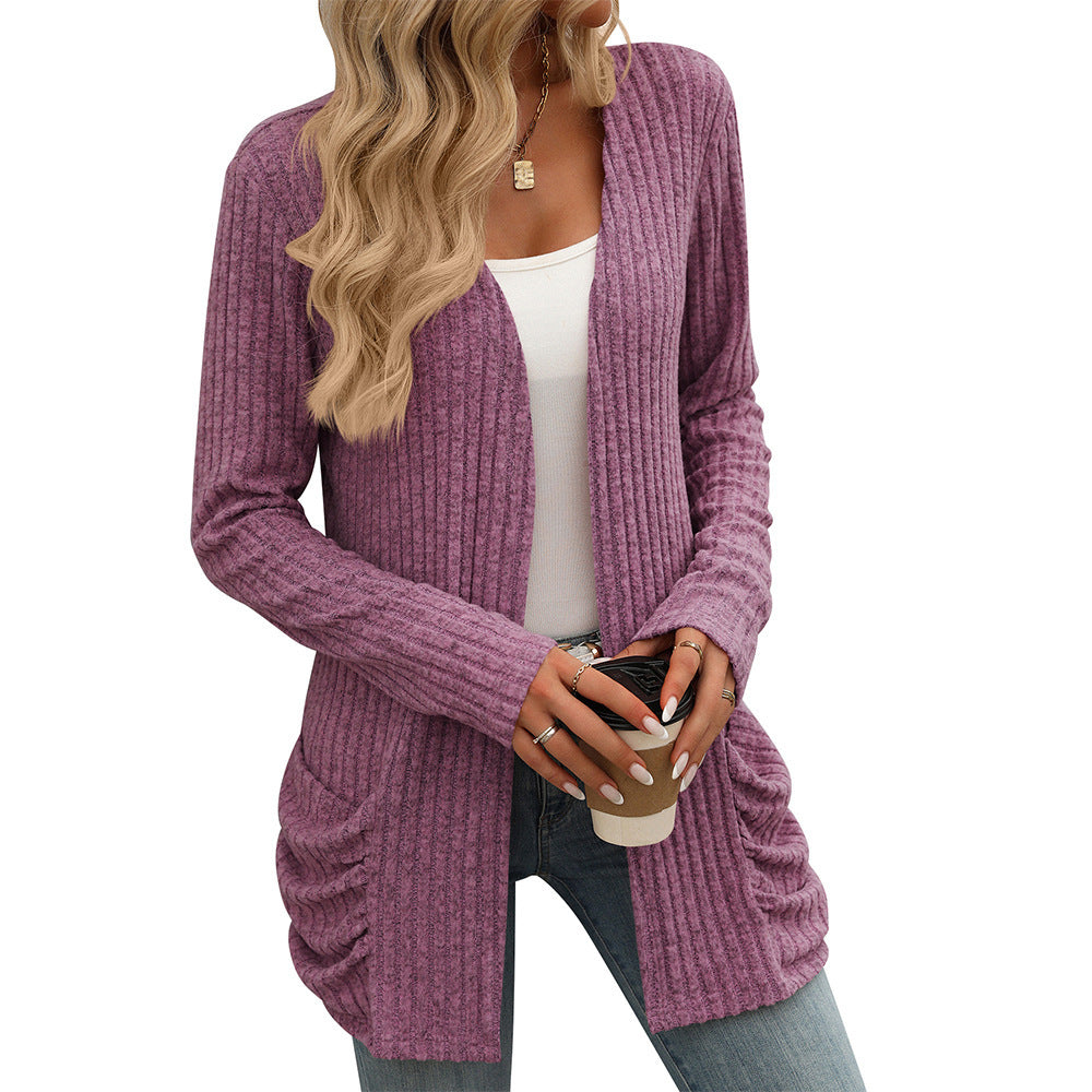 Solid Color Rib Fabric Brushed Pocket Cardigan Long Sleeve Coat