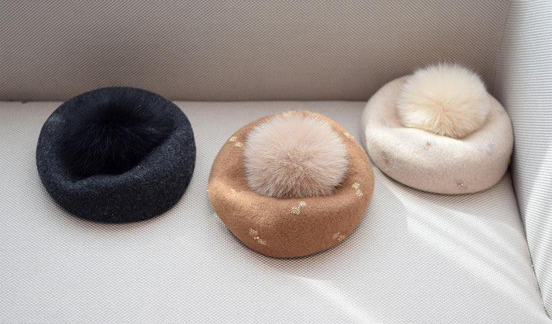 Women's Autumn And Winter Fox Fur Ball Vintage Wool Hat