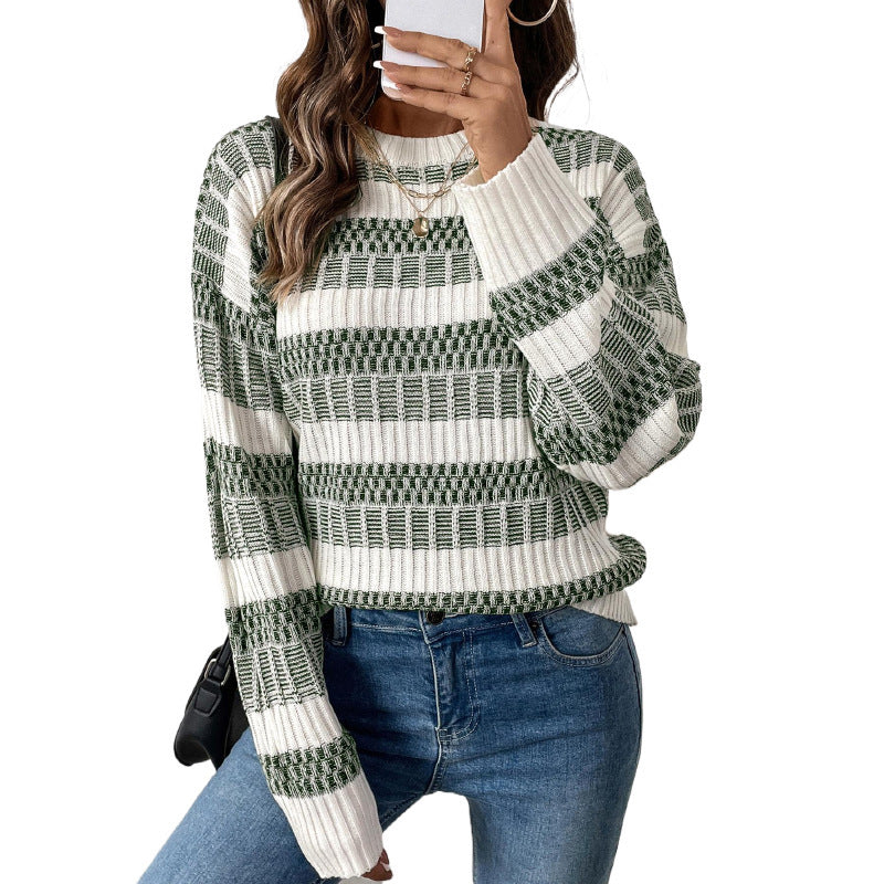 Autumn And Winter New Casual Striped Contrast Color Sweater