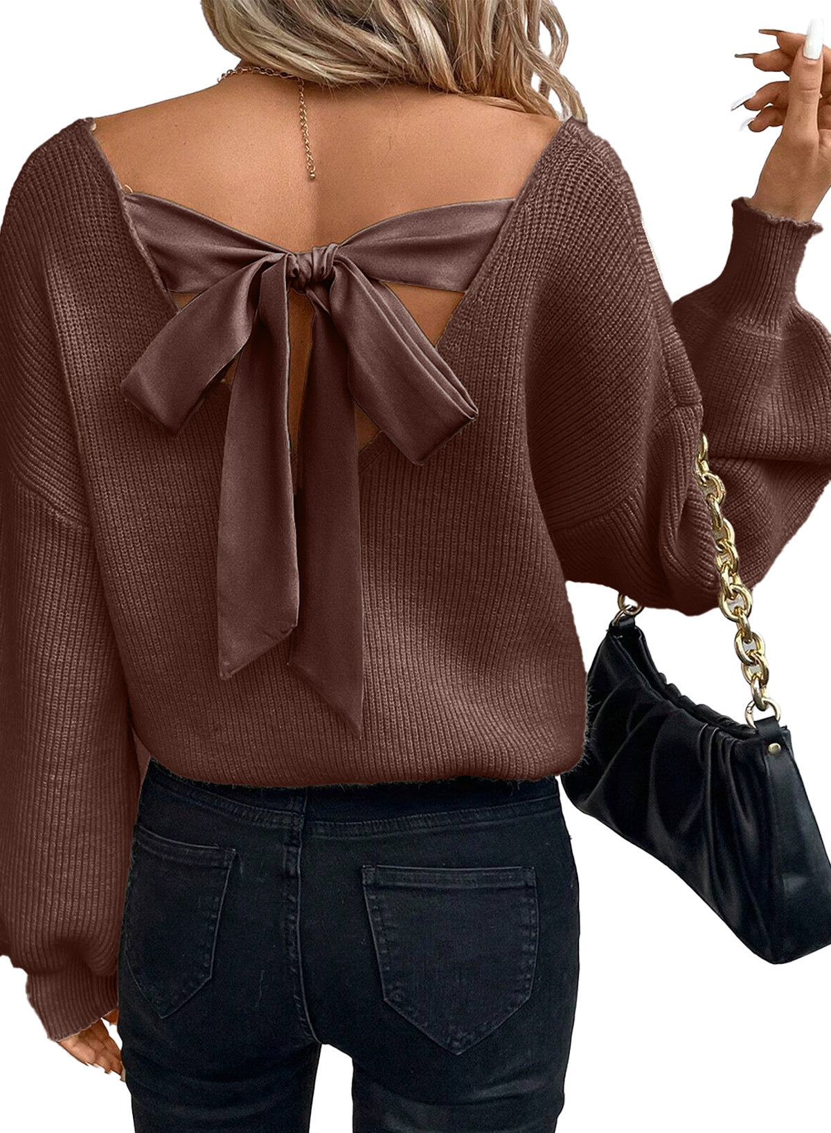 Women's Solid Color Sweater Long Sleeve Casual Loose Bow Top