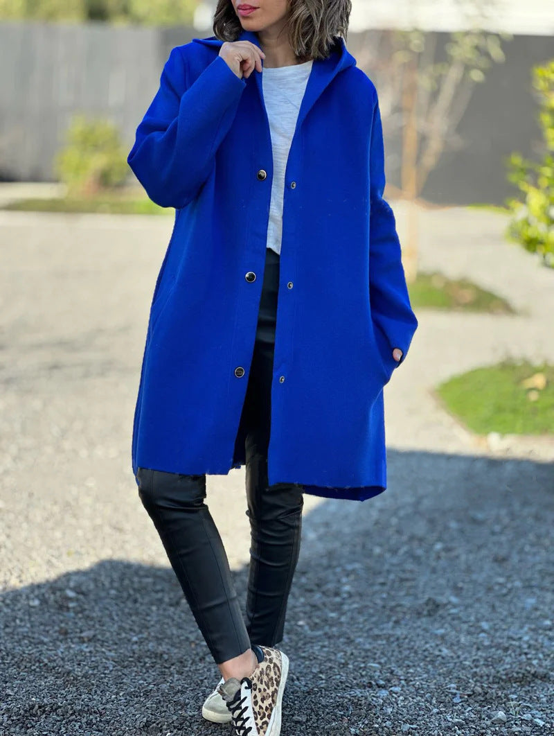 Autumn And Winter New Hooded Long Sleeve Solid Color Woolen Coat