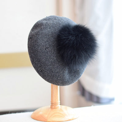 Women's Autumn And Winter Fox Fur Ball Vintage Wool Hat