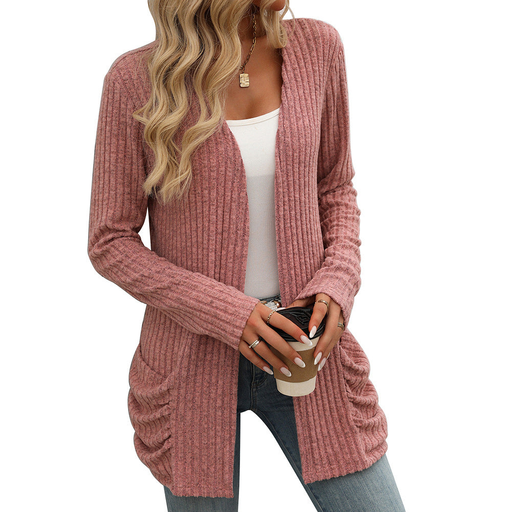 Solid Color Rib Fabric Brushed Pocket Cardigan Long Sleeve Coat