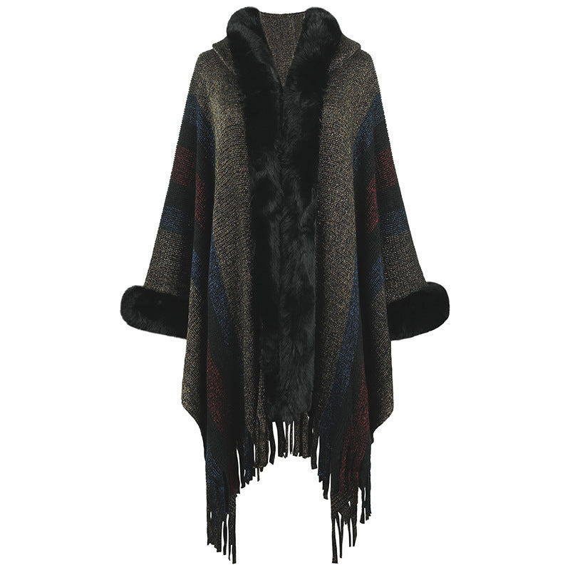 Women's Hooded Cape Autumn And Winter Striped